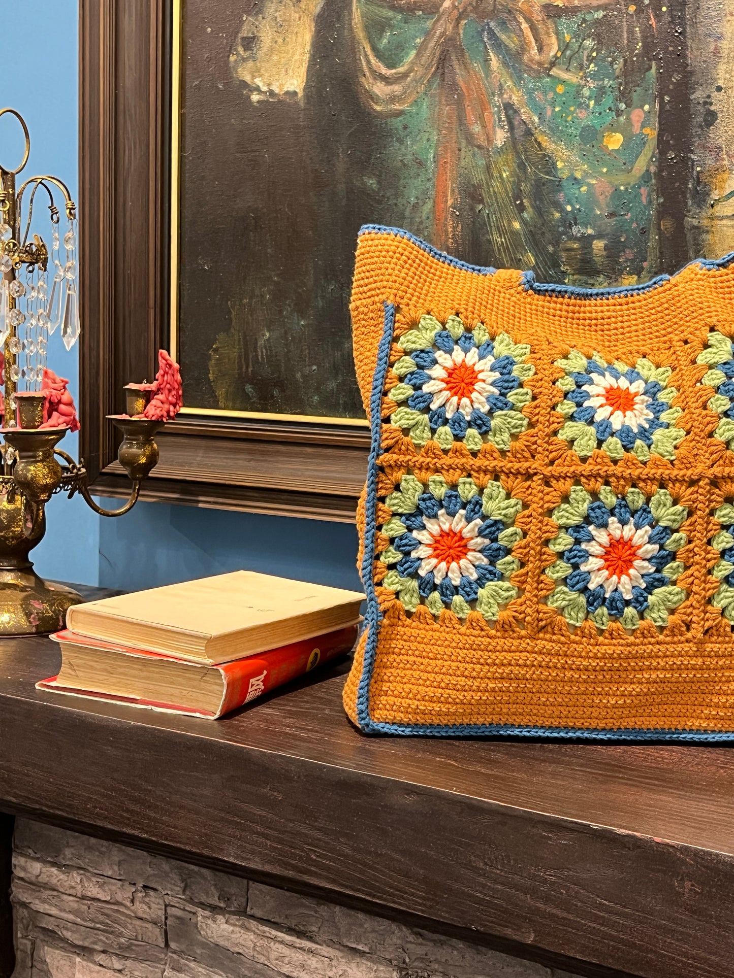 Large Brown Granny Square Bag, Vintage Style, handmade gift