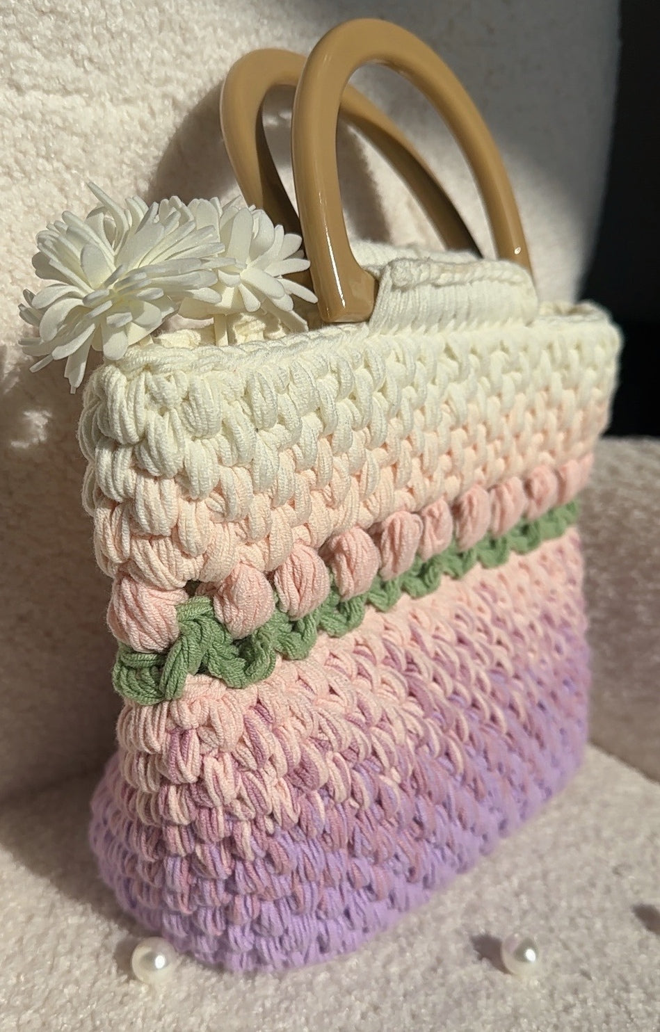 Crochet Gradient Pink/Purple tulip Tote bag, handmade flower tote bag, Cute knit tulip bag, handmade gift