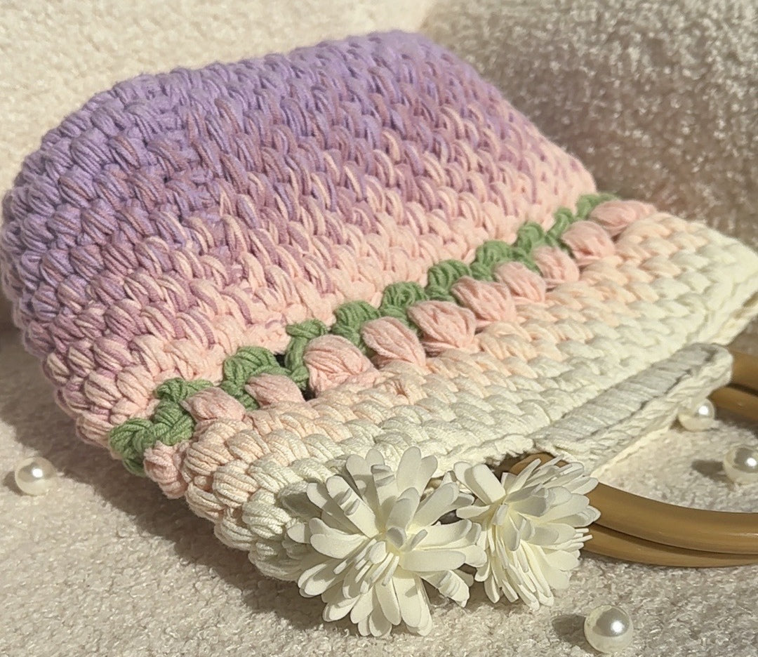 Crochet Gradient Pink/Purple tulip Tote bag, handmade flower tote bag, Cute knit tulip bag, handmade gift