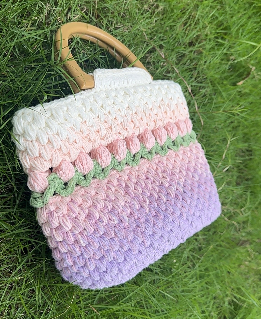 Crochet Gradient Pink/Purple tulip Tote bag, handmade flower tote bag, Cute knit tulip bag, handmade gift