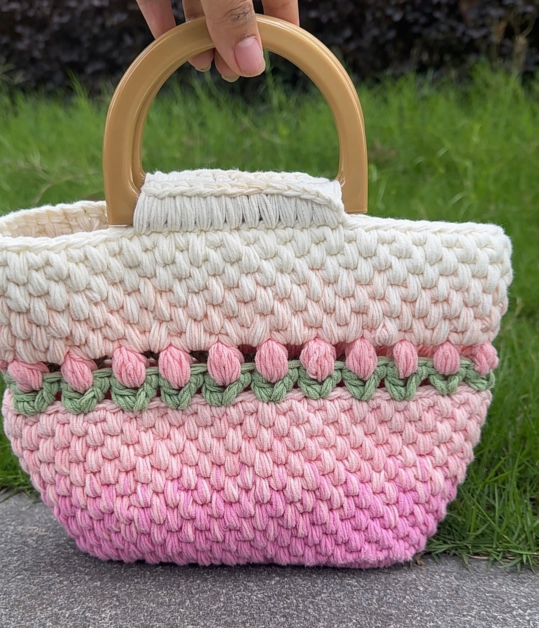 Crochet Gradient Pink/Purple tulip Tote bag, handmade flower tote bag, Cute knit tulip bag, handmade gift