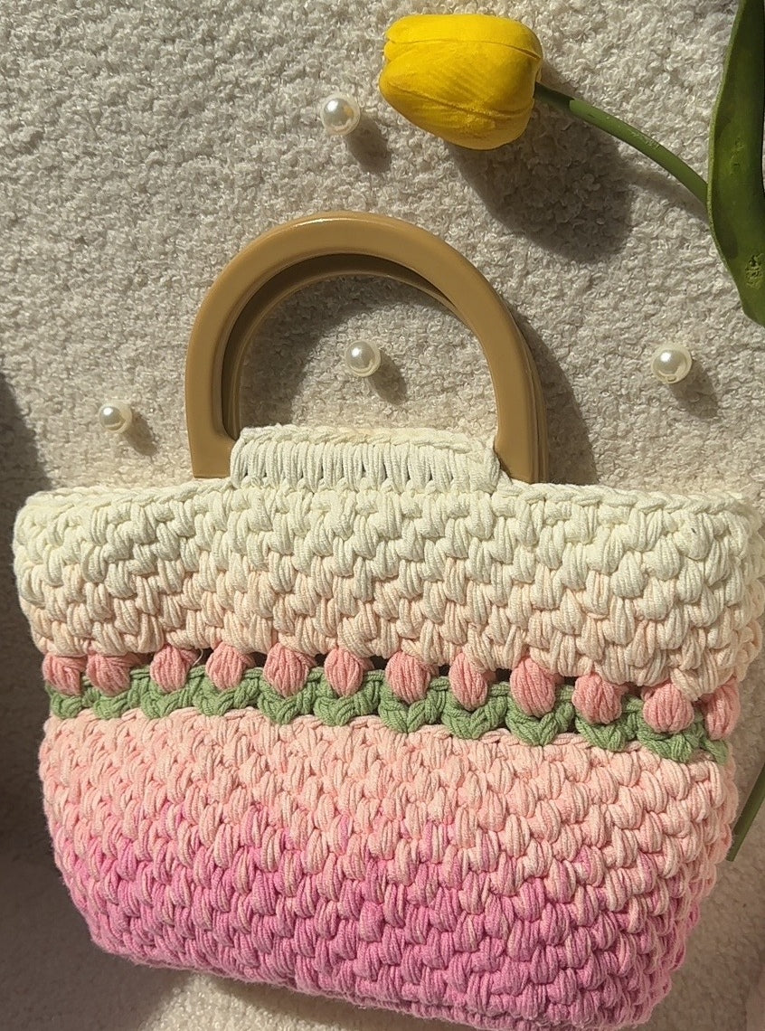 Crochet Gradient Pink/Purple tulip Tote bag, handmade flower tote bag, Cute knit tulip bag, handmade gift