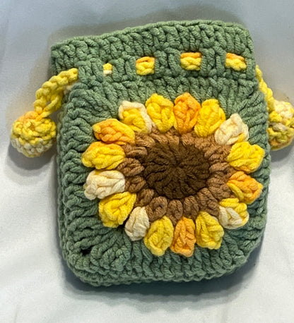 Sunflower Earphone case/storage/pouch, Crochet Earphone Storage, Floral Cosmetic Bag, Granny Square Pouch