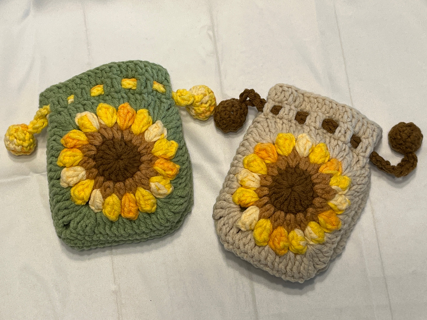 Sunflower Earphone case/storage/pouch, Crochet Earphone Storage, Floral Cosmetic Bag, Granny Square Pouch