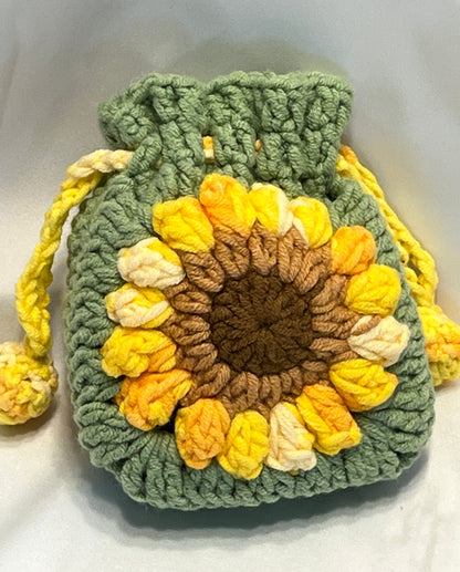Sunflower Earphone case/storage/pouch, Crochet Earphone Storage, Floral Cosmetic Bag, Granny Square Pouch