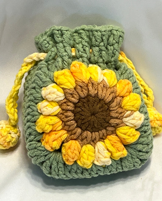 Sunflower Earphone case/storage/pouch, Crochet Earphone Storage, Floral Cosmetic Bag, Granny Square Pouch