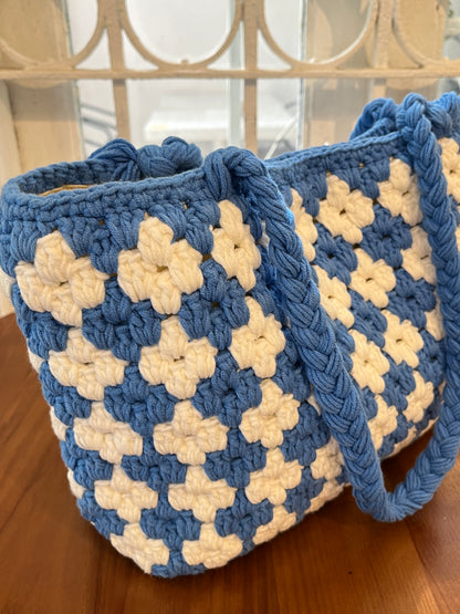 Blue-white Handmade Crochet Shoulder Tote Bag for Summer and Festivals, Crochet Tote Bag, handmade gift