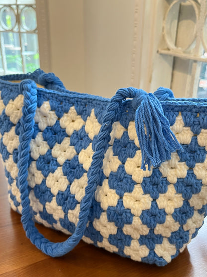 Blue-white Handmade Crochet Shoulder Tote Bag for Summer and Festivals, Crochet Tote Bag, handmade gift