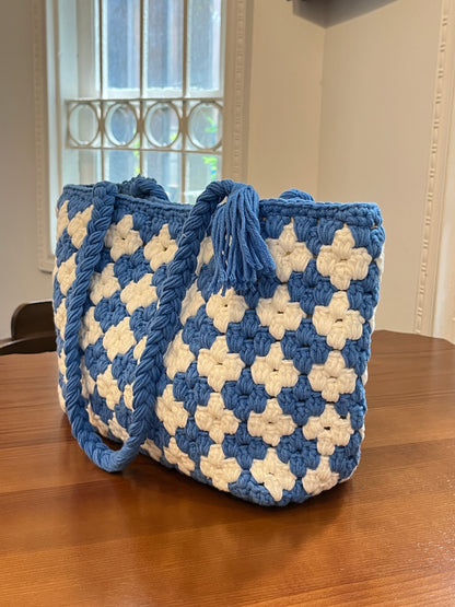 Blue-white Handmade Crochet Shoulder Tote Bag for Summer and Festivals, Crochet Tote Bag, handmade gift