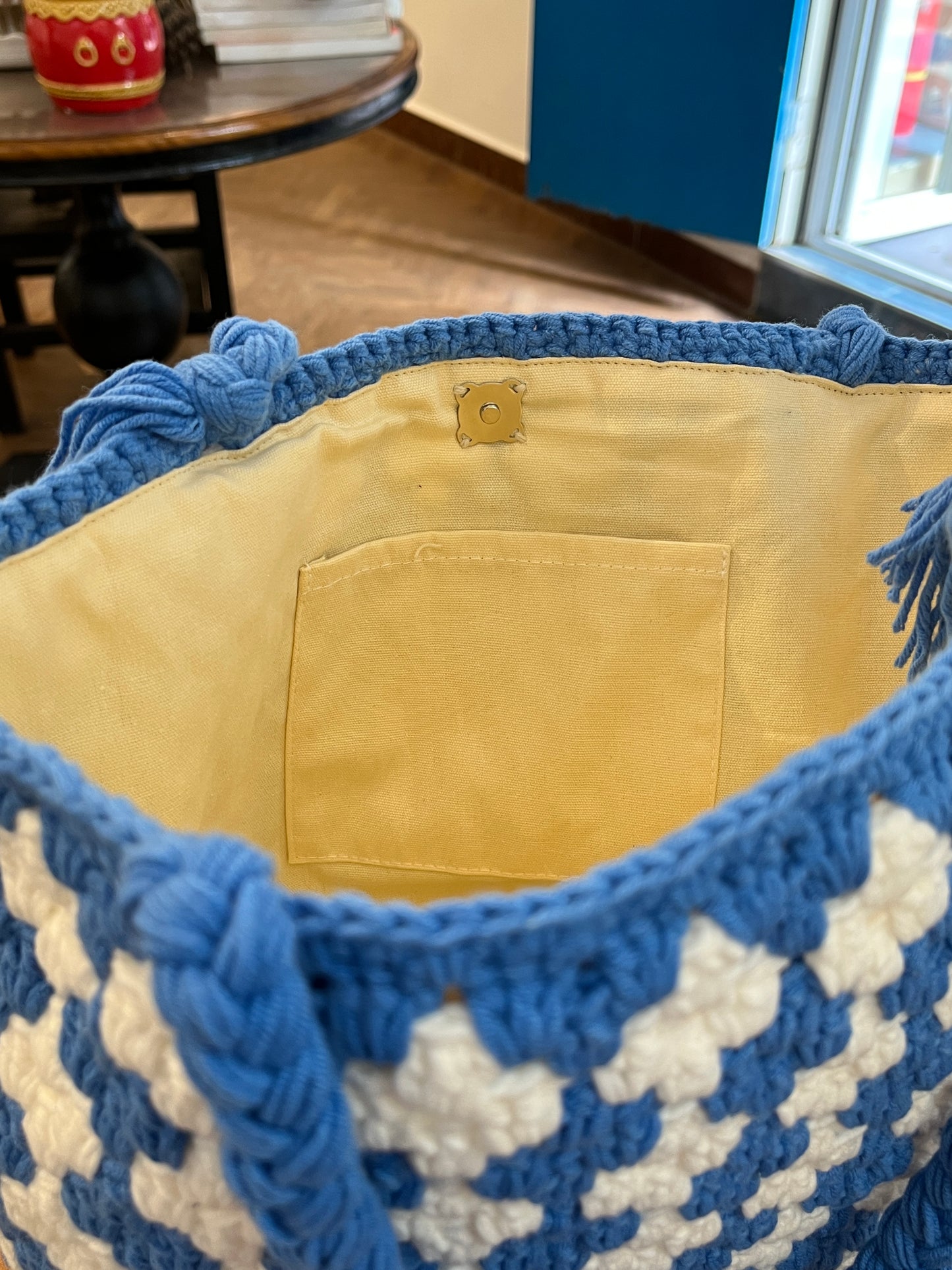 Blue-white Handmade Crochet Shoulder Tote Bag for Summer and Festivals, Crochet Tote Bag, handmade gift