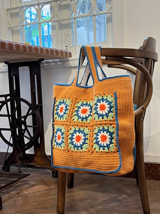 Large Brown Granny Square Bag, Vintage Style, handmade gift