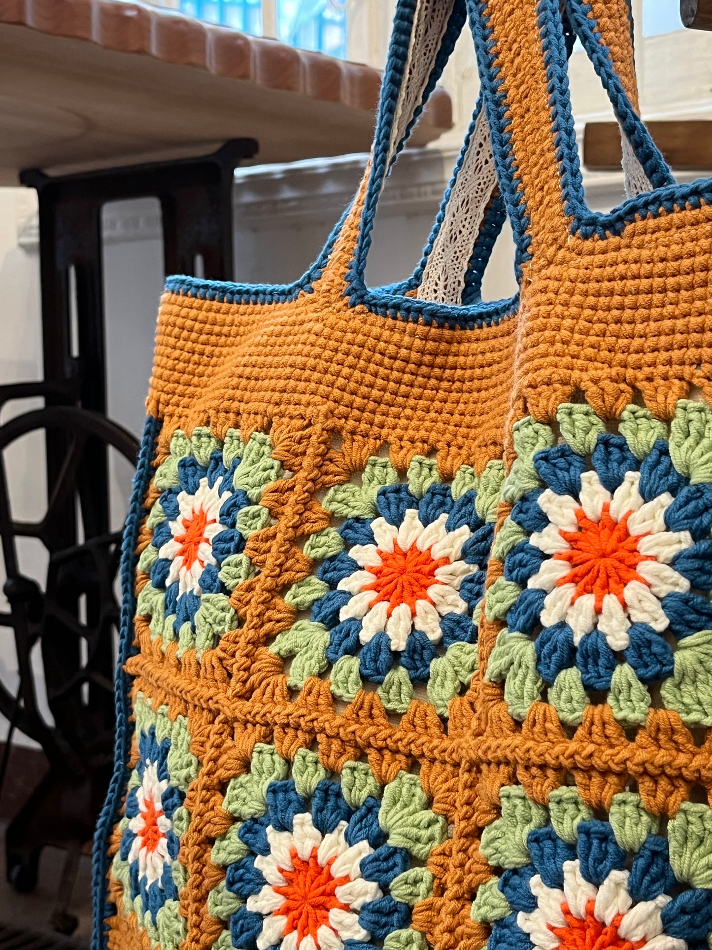 Large Brown Granny Square Bag, Vintage Style, handmade gift
