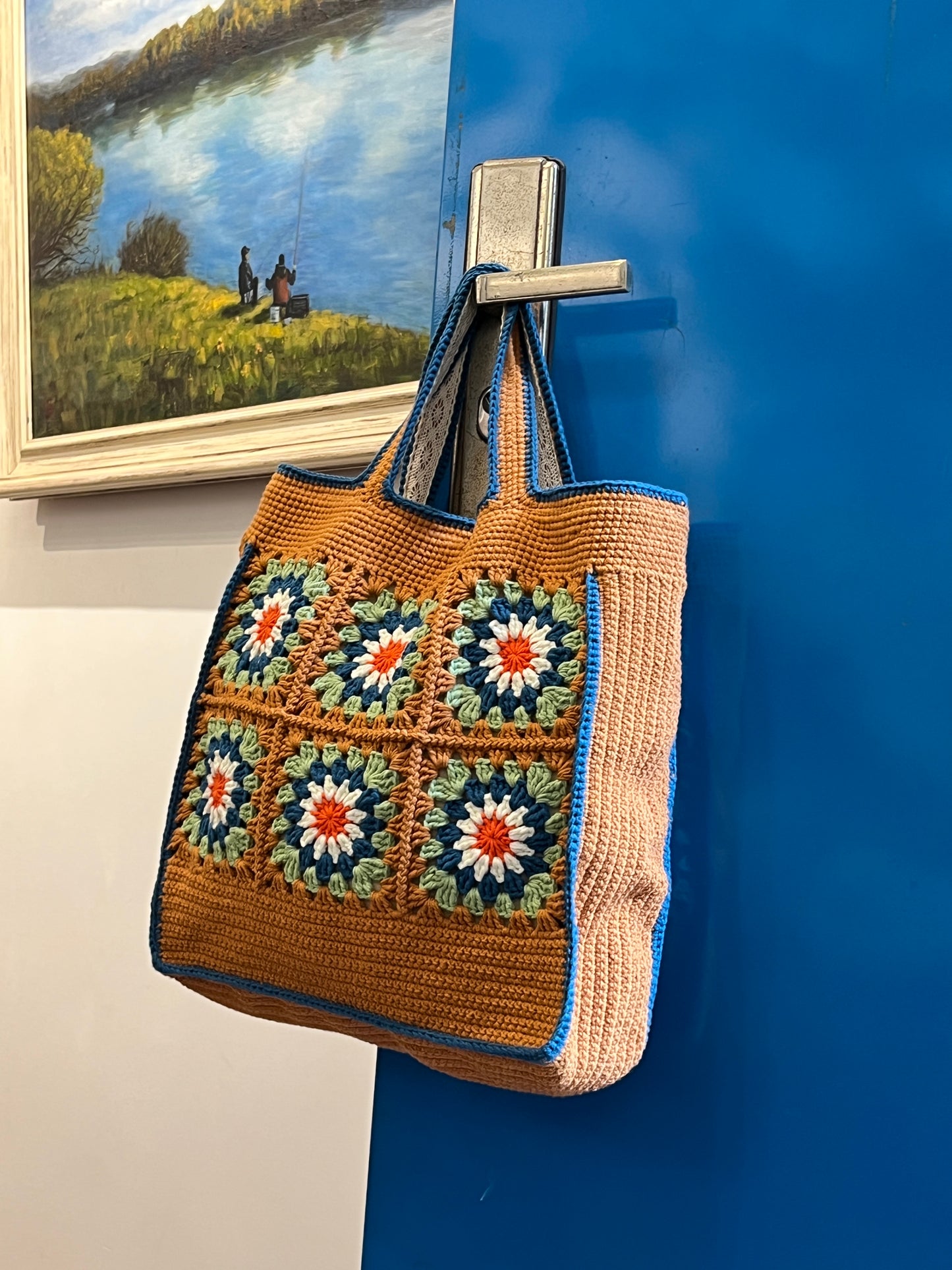 Large Brown Granny Square Bag, Vintage Style, handmade gift