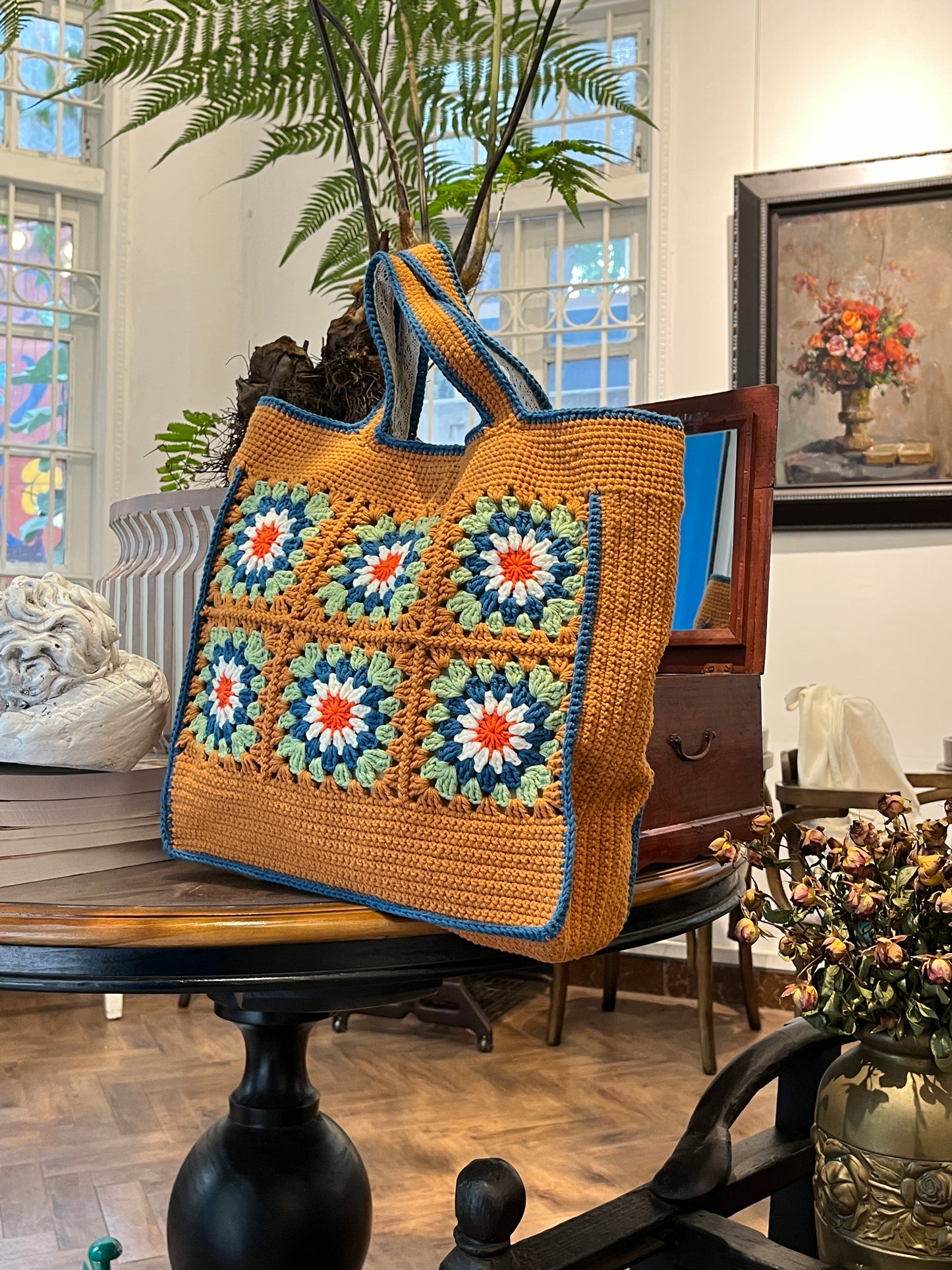 Large Brown Granny Square Bag, Vintage Style, handmade gift