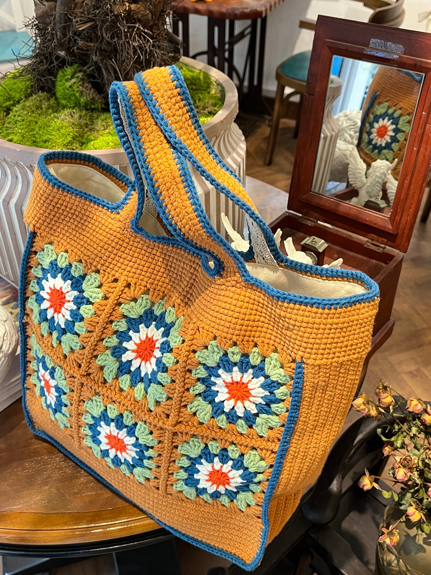 Large Brown Granny Square Bag, Vintage Style, handmade gift