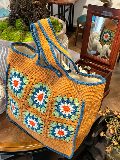 Large Brown Granny Square Bag, Vintage Style, handmade gift