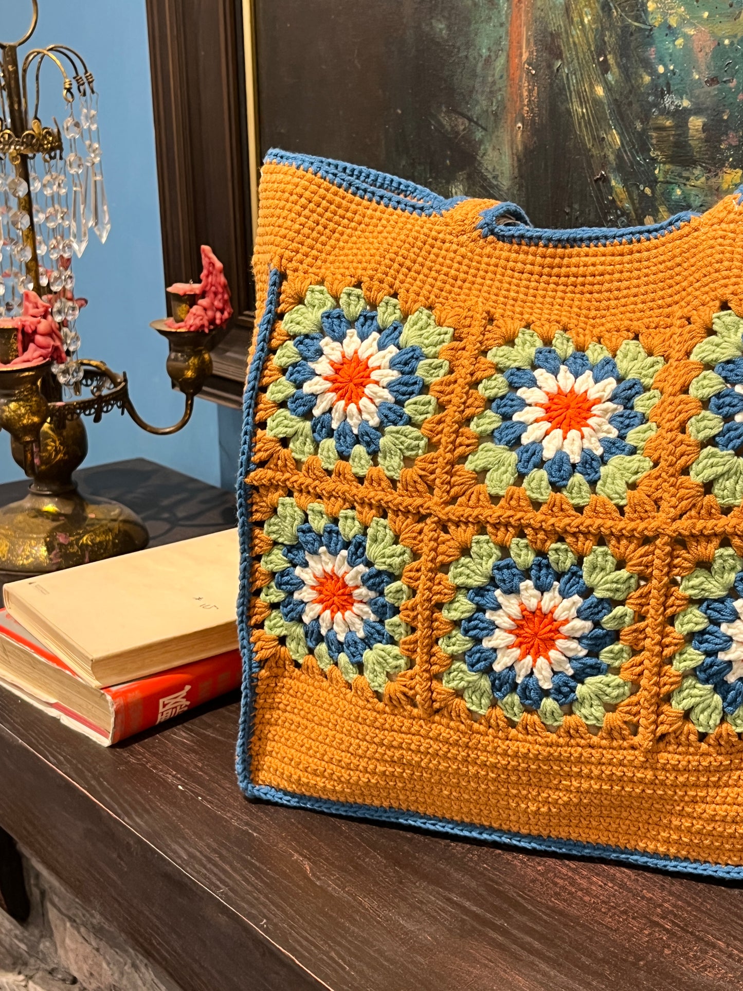 Large Brown Granny Square Bag, Vintage Style, handmade gift