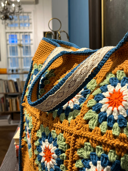 Large Brown Granny Square Bag, Vintage Style, handmade gift