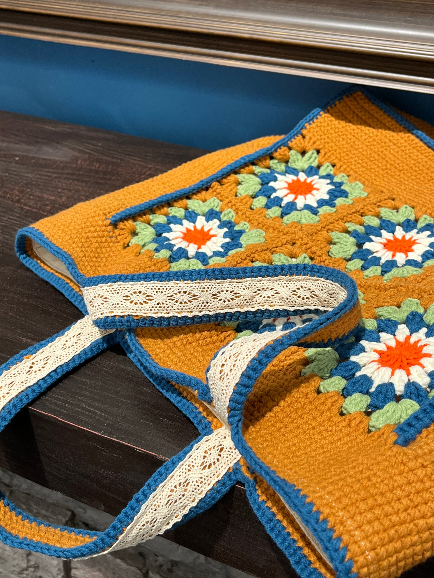 Large Brown Granny Square Bag, Vintage Style, handmade gift