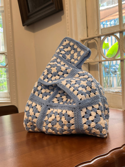 Navy blue crochet granny square wrist bag, Handmade gift