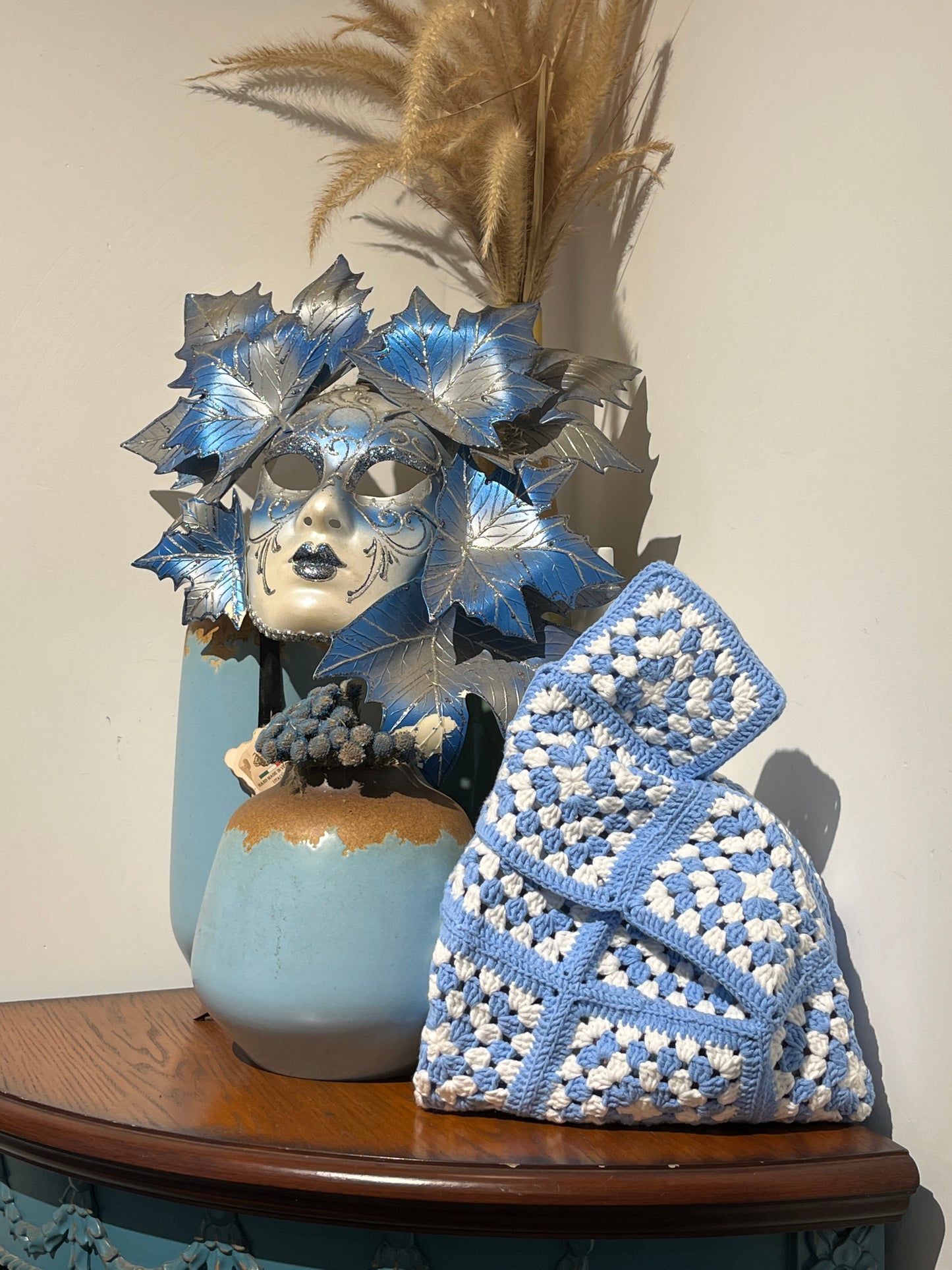 Navy blue crochet granny square wrist bag, Handmade gift