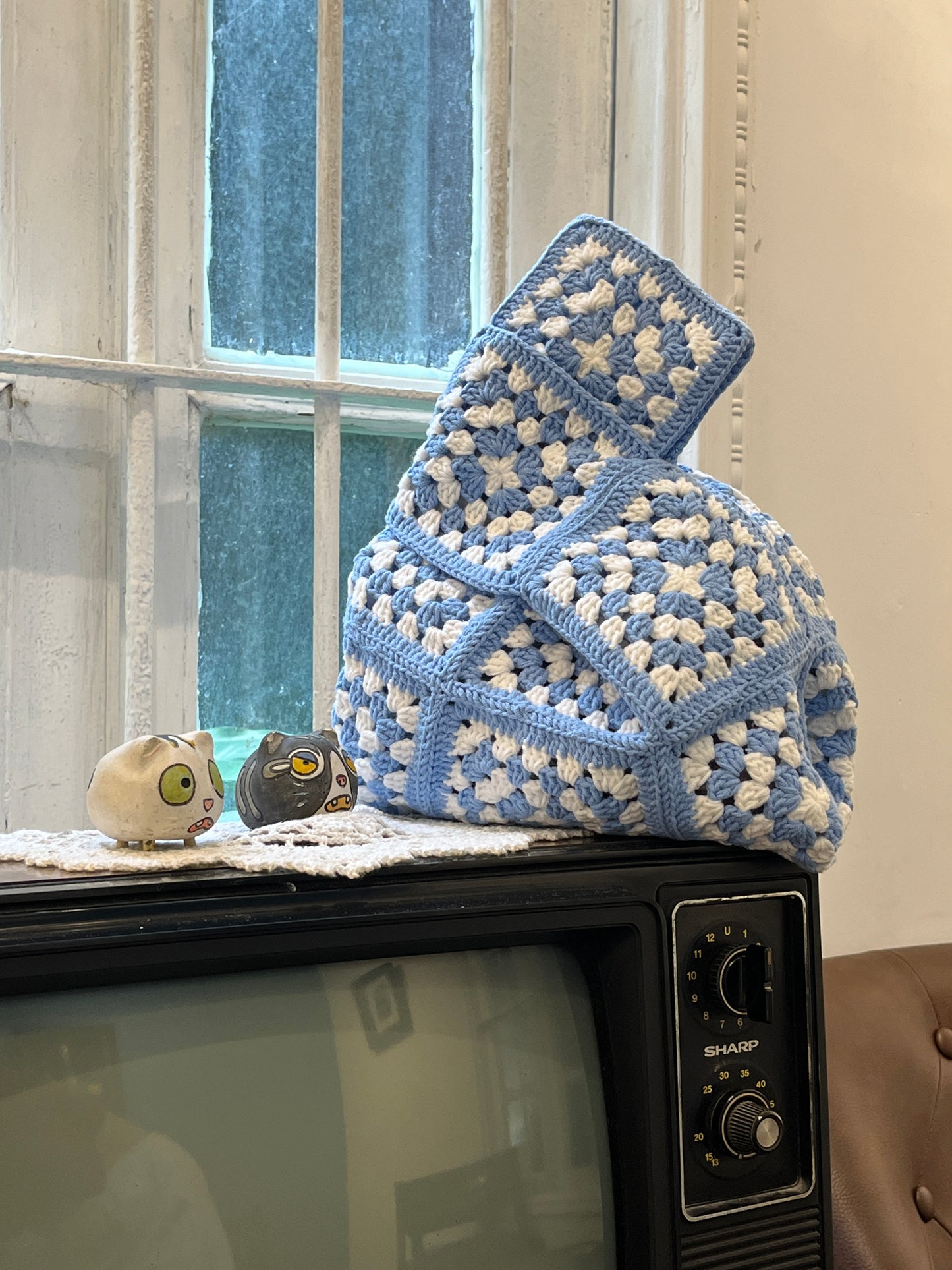 Navy blue crochet granny square wrist bag, Handmade gift