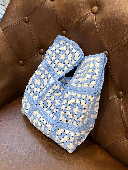 Navy blue crochet granny square wrist bag, Handmade gift