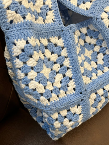Navy blue crochet granny square wrist bag, Handmade gift
