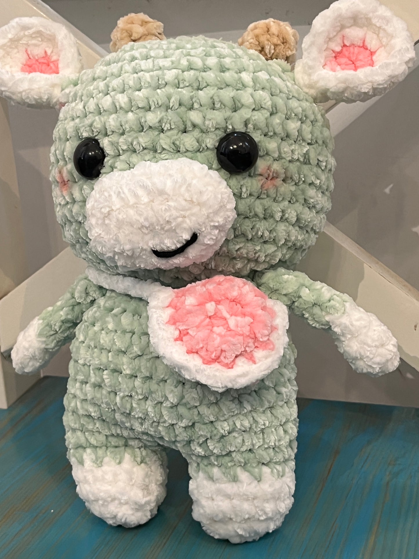 Crochet Green Cow, Farm animal toy, Handmade gift