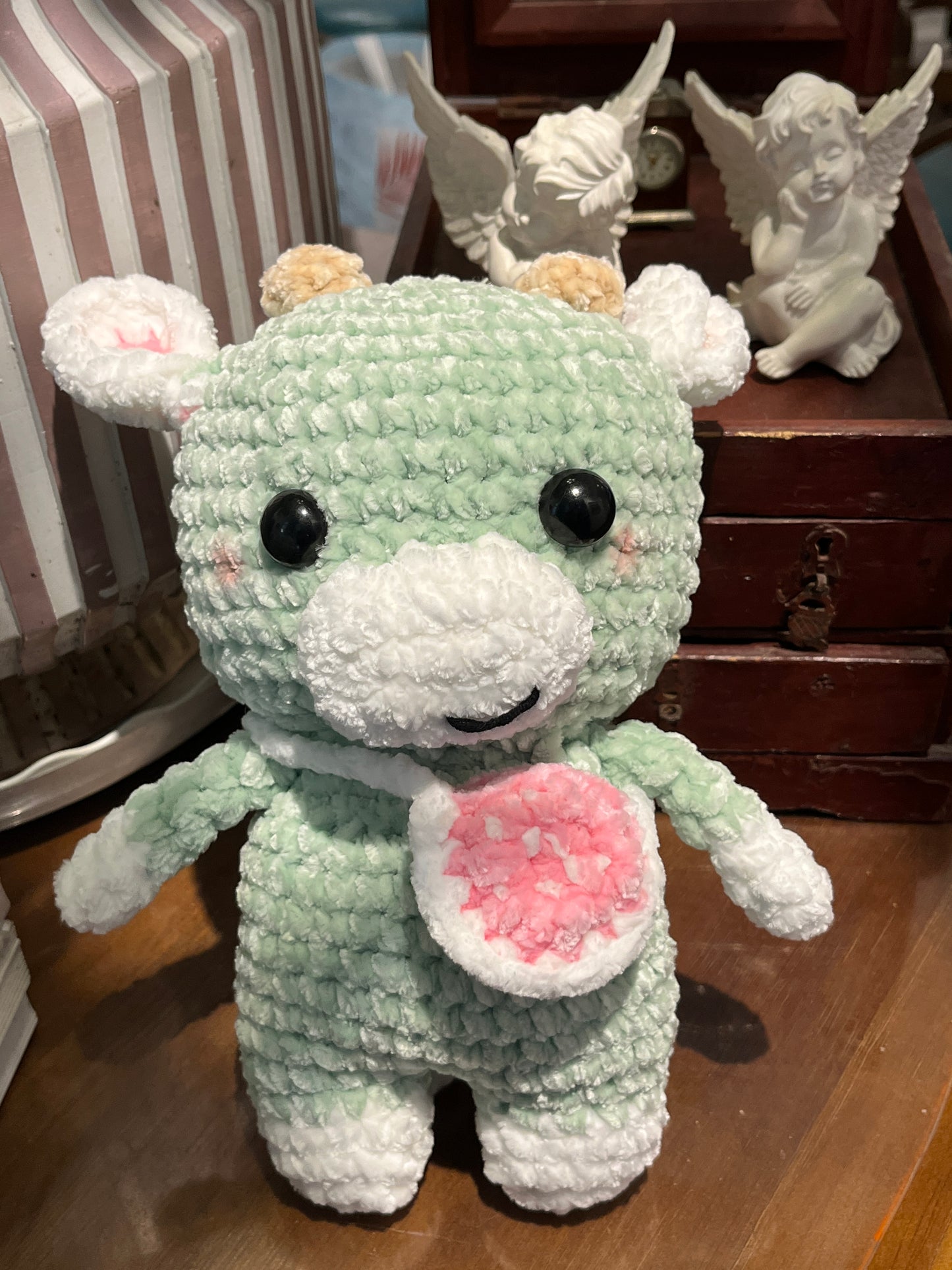 Crochet Green Cow, Farm animal toy, Handmade gift