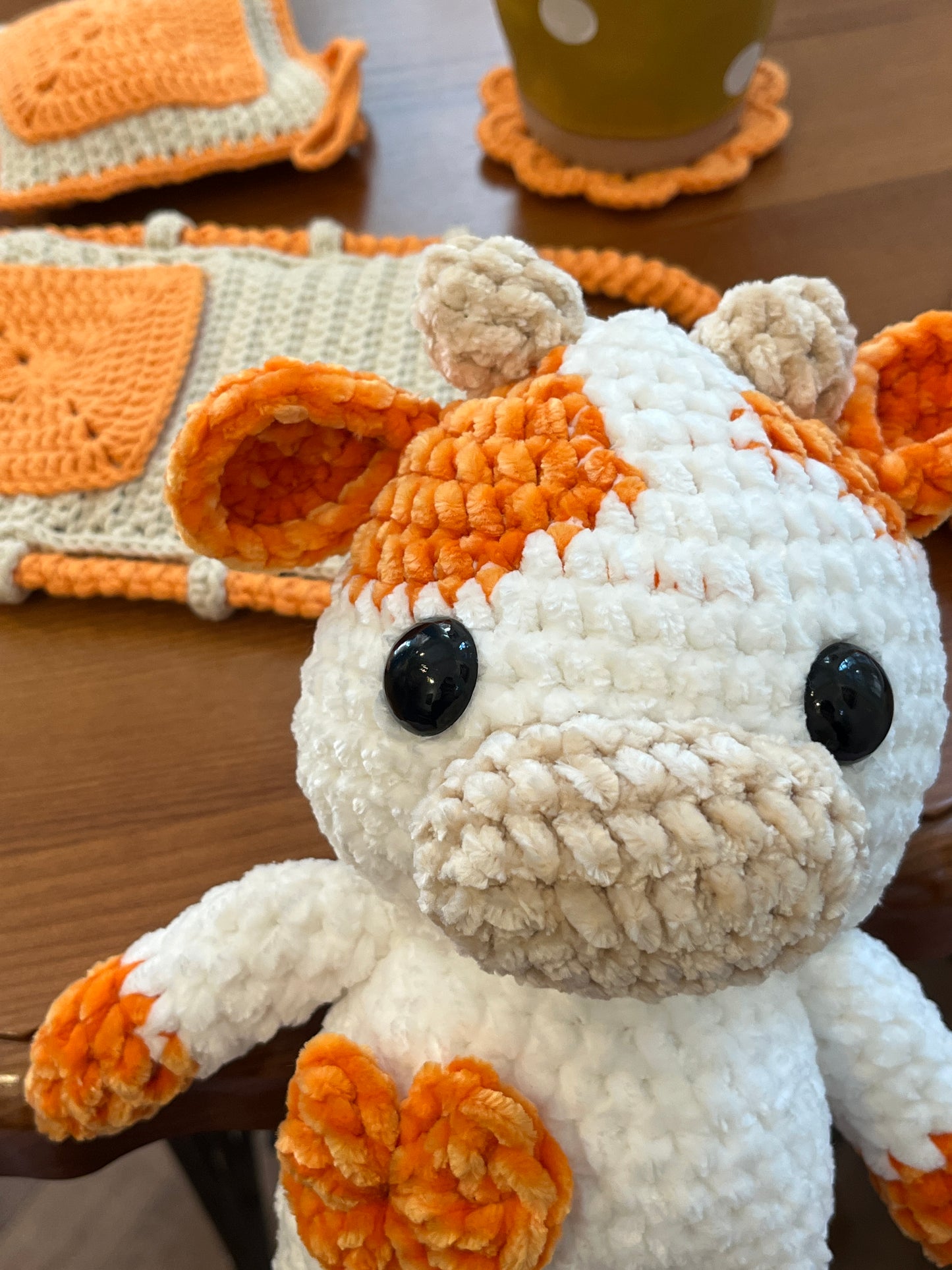 Orange crochet cow, Farm animal toy, Handmade gift