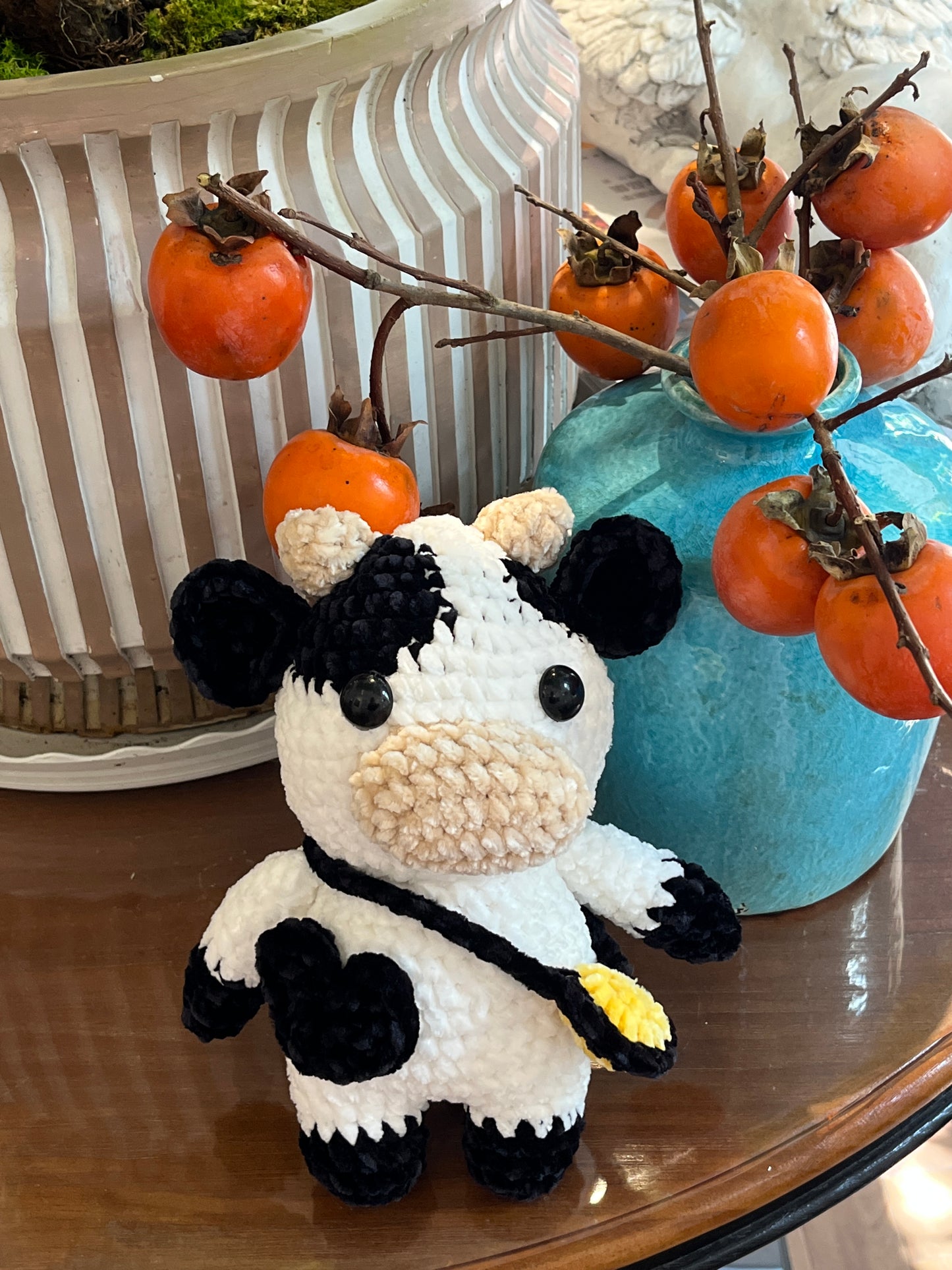 Black-white crochet cow, Farm animal toy, Handmade gift