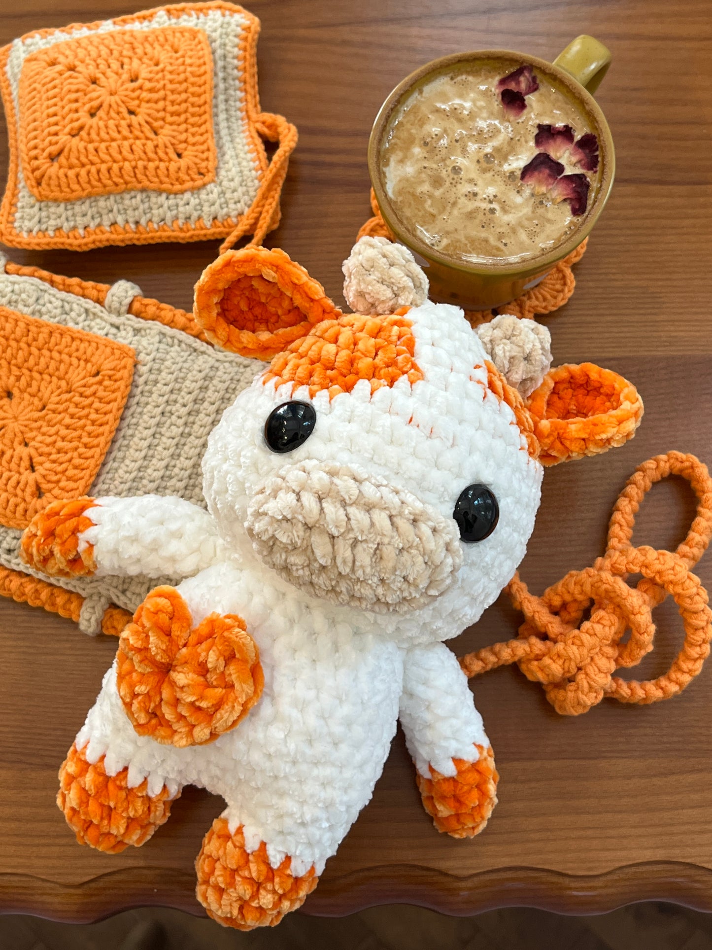 Orange crochet cow, Farm animal toy, Handmade gift