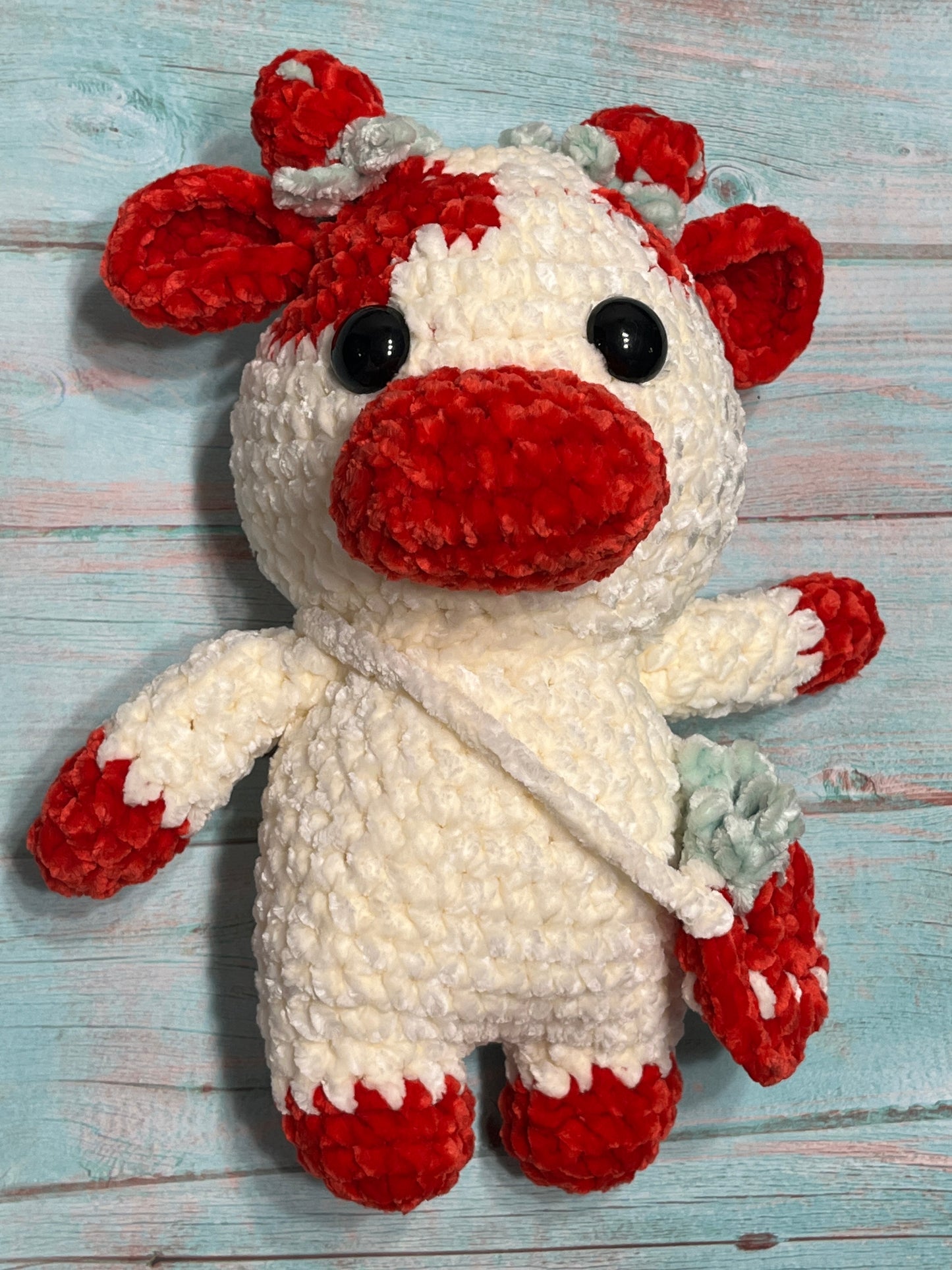 Strawberry crochet cow, Farm animal toy, handmade gift