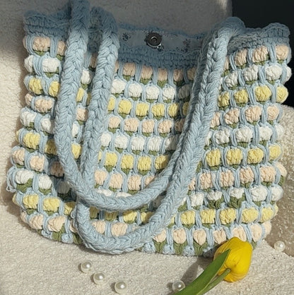 Crochet Tulip Shoulder Tote Bag, Handmade Flower Bag, Cute Knit Tulip Bag, handmade gift, Crochet Tote Bag