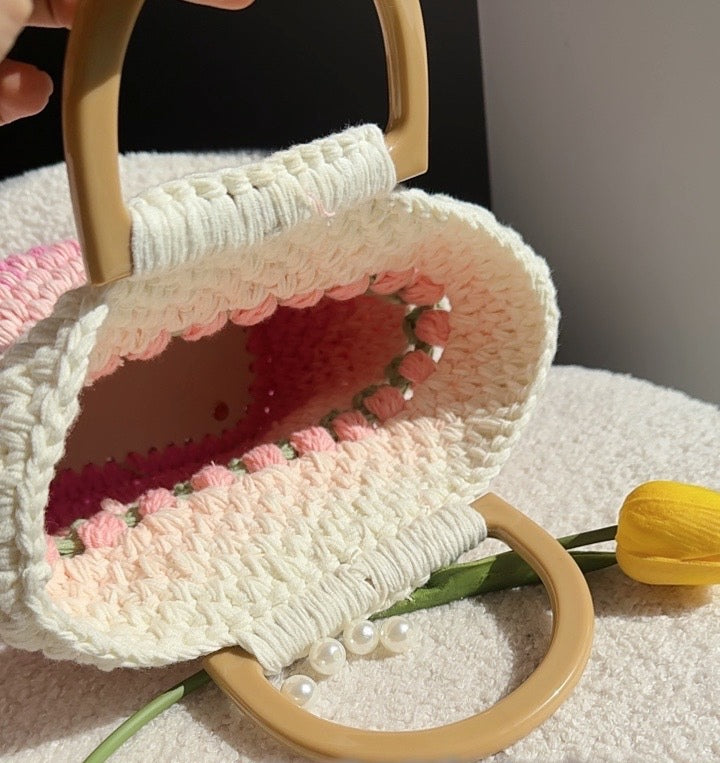 Crochet Gradient Pink/Purple tulip Tote bag, handmade flower tote bag, Cute knit tulip bag, handmade gift