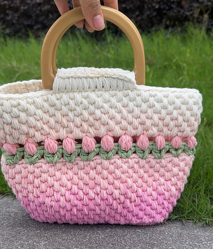 Crochet Gradient Pink/Purple tulip Tote bag, handmade flower tote bag, Cute knit tulip bag, handmade gift