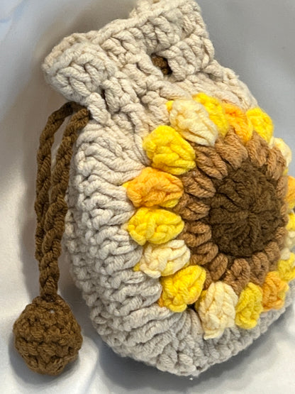 Sunflower Earphone case/storage/pouch, Crochet Earphone Storage, Floral Cosmetic Bag, Granny Square Pouch