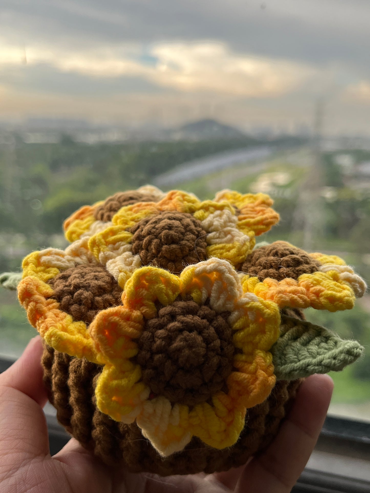 Crochet Sunflower Pot, Handmade Sunflower Pot, Gift for girl, Anniversary Gift, Mother's Day Gift, Home Decor, Car Decor, Flower Potted