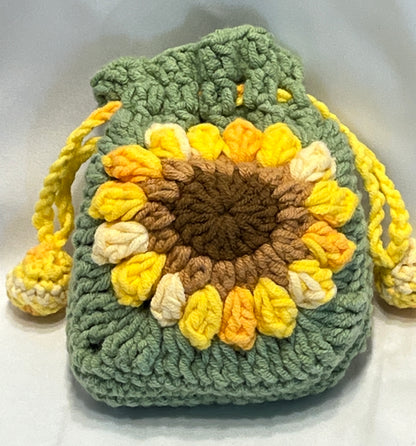 Sunflower Earphone case/storage/pouch, Crochet Earphone Storage, Floral Cosmetic Bag, Granny Square Pouch
