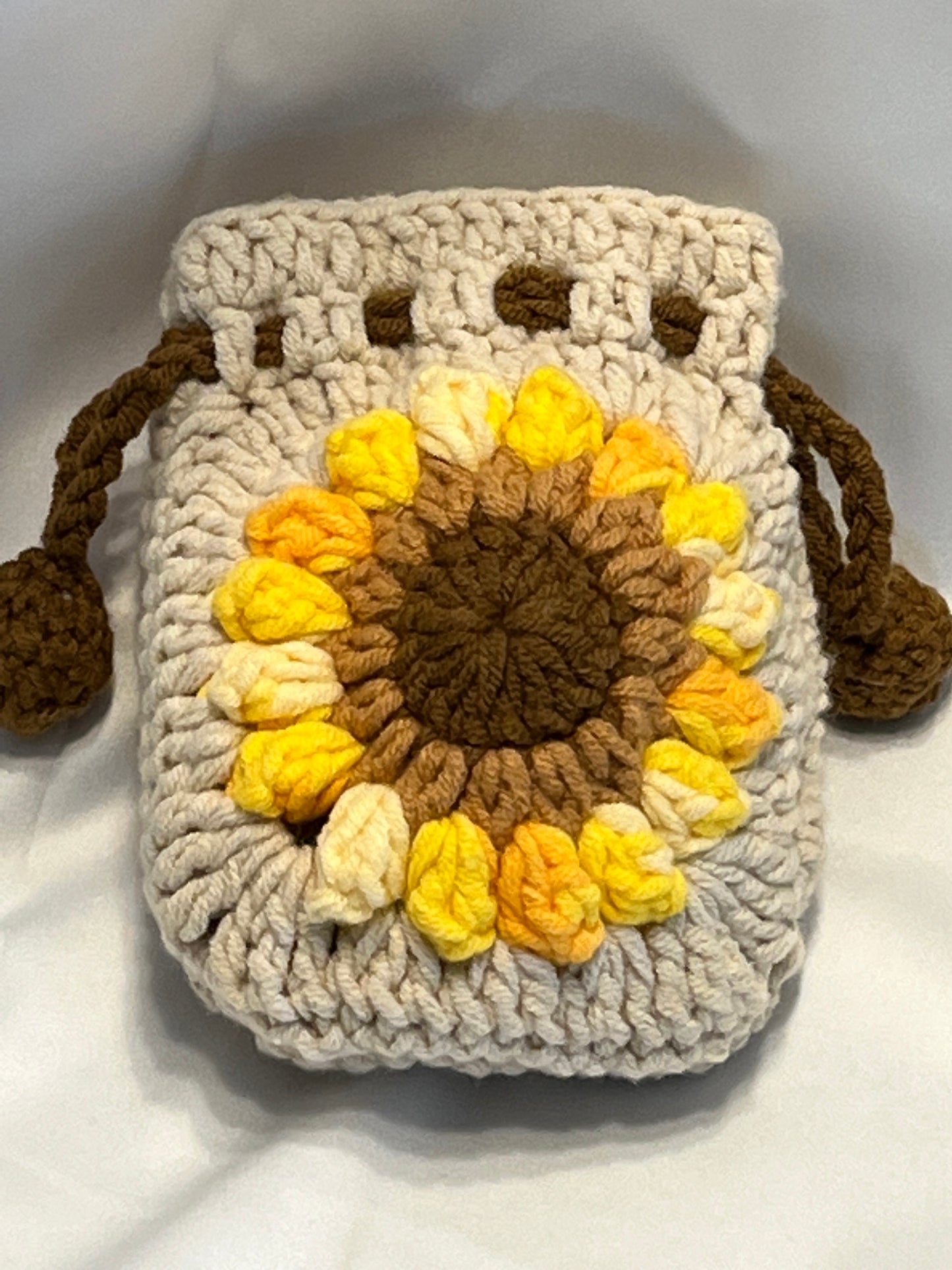 Sunflower Earphone case/storage/pouch, Crochet Earphone Storage, Floral Cosmetic Bag, Granny Square Pouch