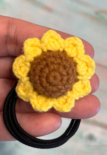 Crochet sunflower hair ties, crochet floral hair band, messy bun hair tie, sunflower hair pins, girl school hair ties for thick hair, Hair Accessories for Girls