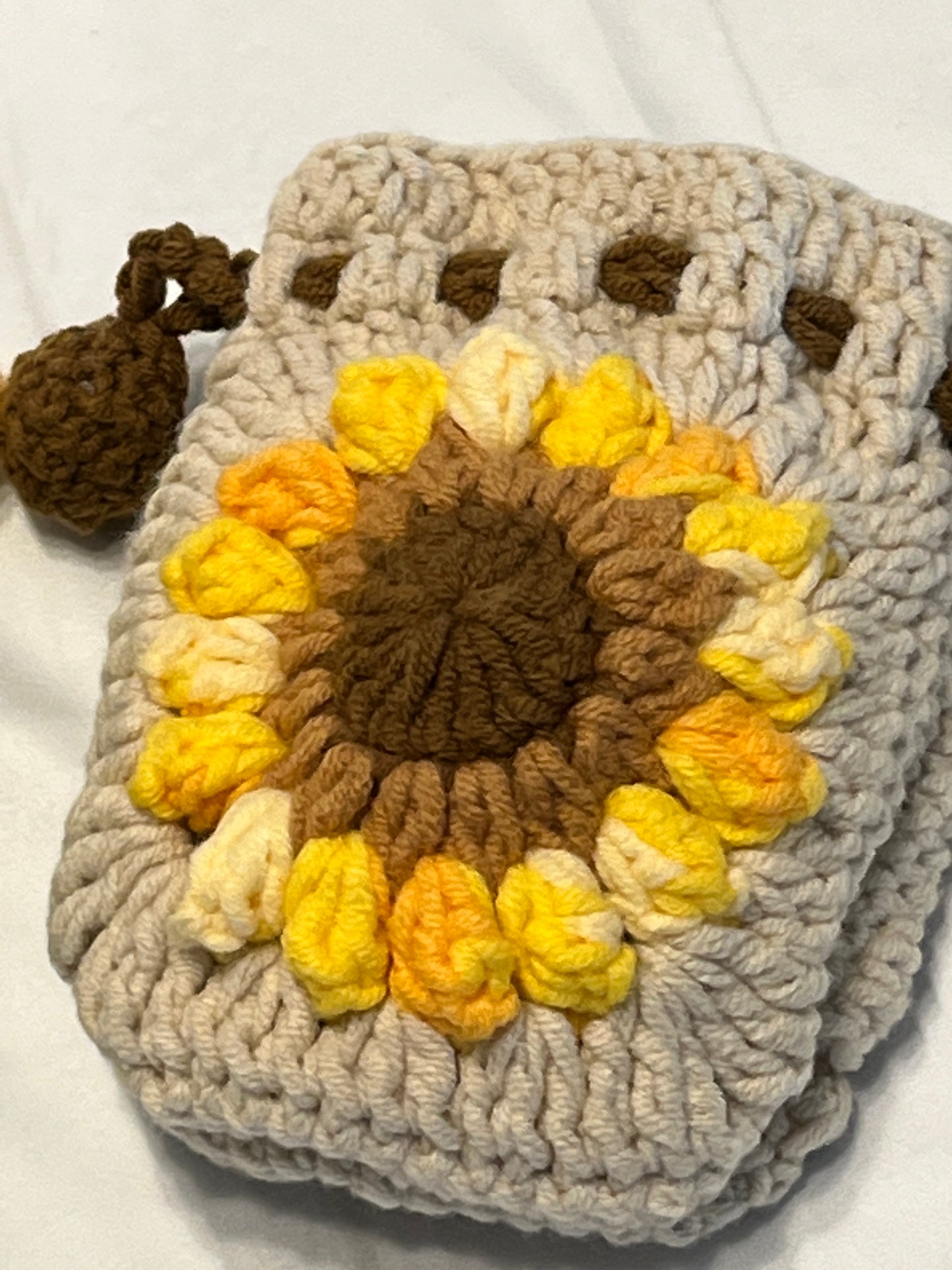 Sunflower Earphone case/storage/pouch, Crochet Earphone Storage, Floral Cosmetic Bag, Granny Square Pouch