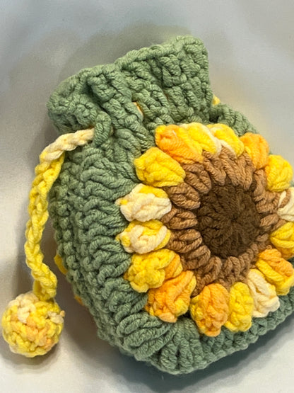 Sunflower Earphone case/storage/pouch, Crochet Earphone Storage, Floral Cosmetic Bag, Granny Square Pouch