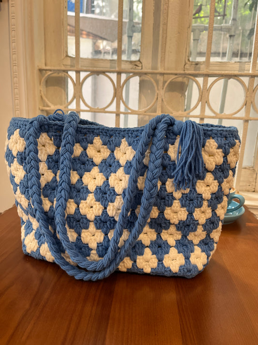 Blue-white Handmade Crochet Shoulder Tote Bag for Summer and Festivals, Crochet Tote Bag, handmade gift