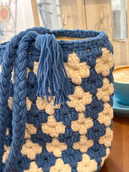 Blue-white Handmade Crochet Shoulder Tote Bag for Summer and Festivals, Crochet Tote Bag, handmade gift