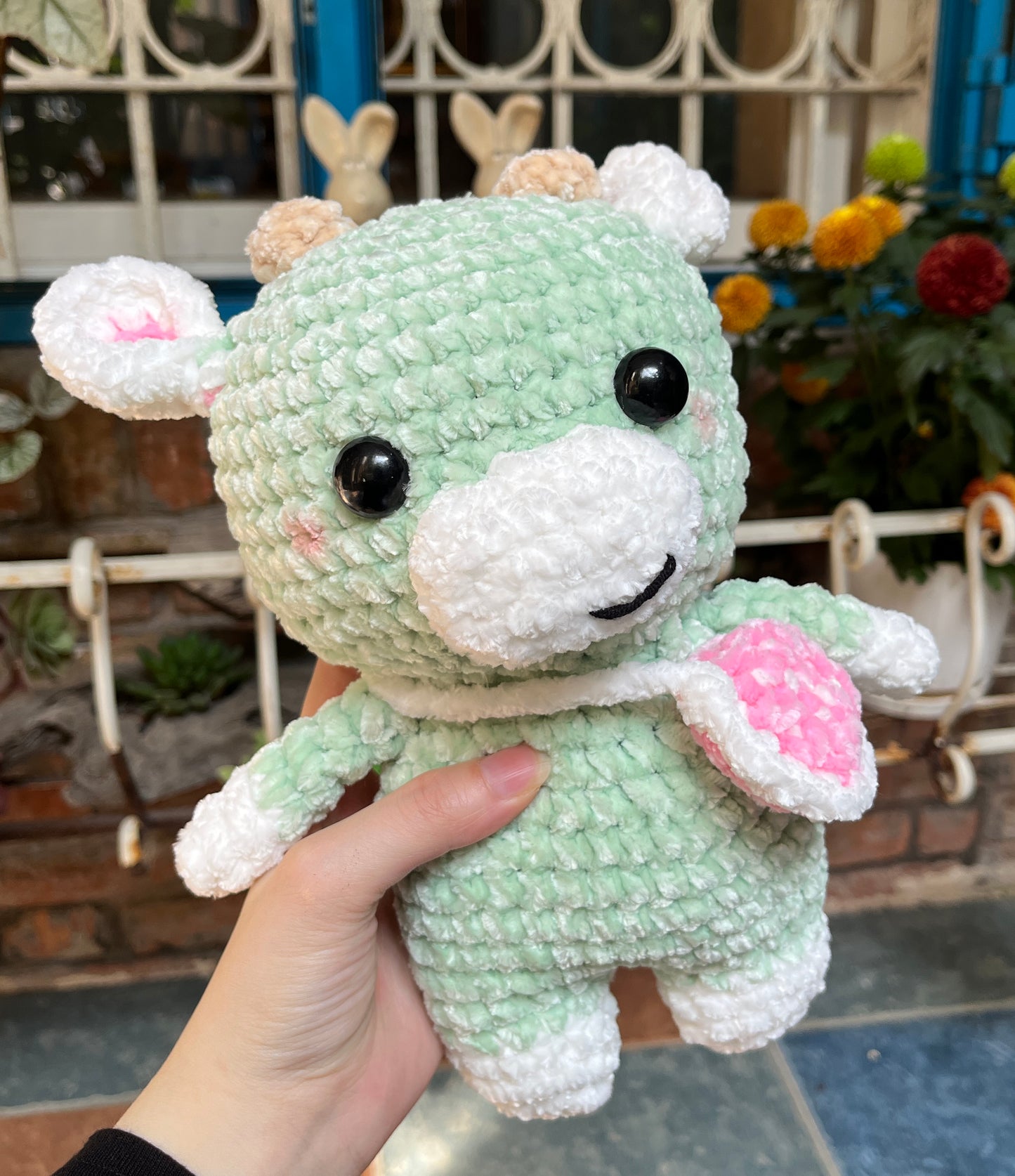 Crochet Green Cow, Farm animal toy, Handmade gift