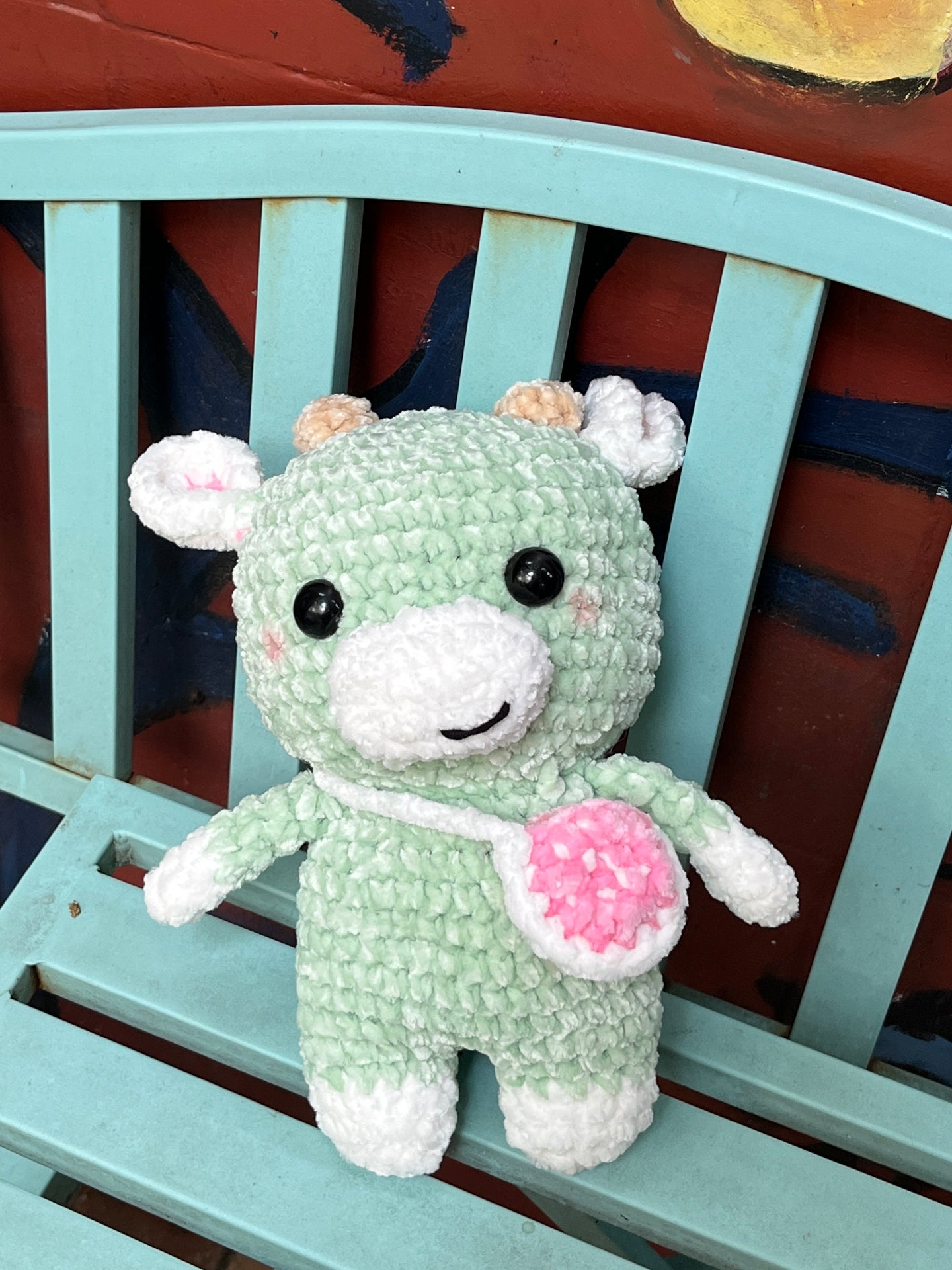 Crochet Green Cow, Farm animal toy, Handmade gift