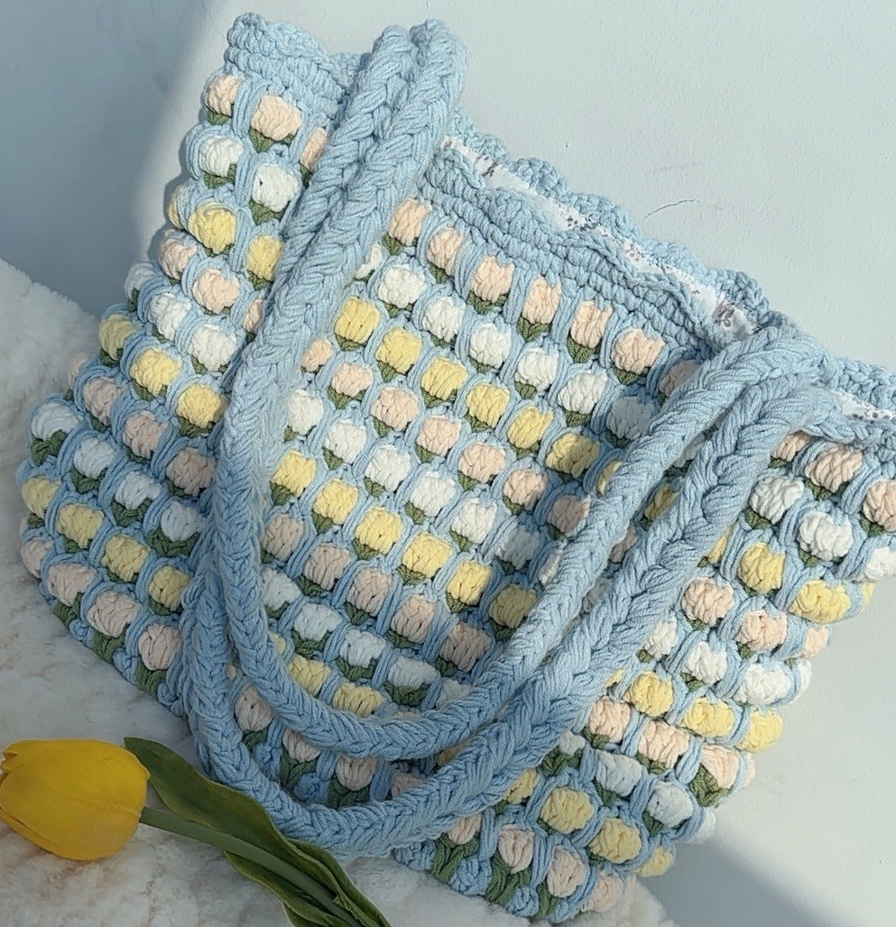 Crochet Tulip Shoulder Tote Bag, Handmade Flower Bag, Cute Knit Tulip Bag, handmade gift, Crochet Tote Bag