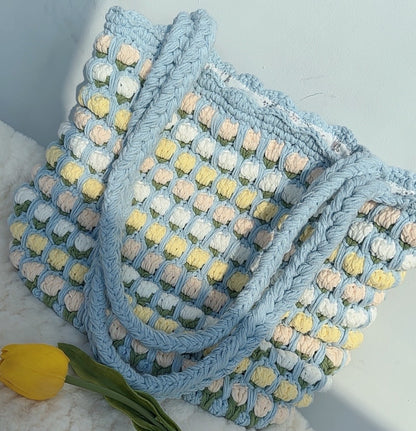 Crochet Tulip Shoulder Tote Bag, Handmade Flower Bag, Cute Knit Tulip Bag, handmade gift, Crochet Tote Bag